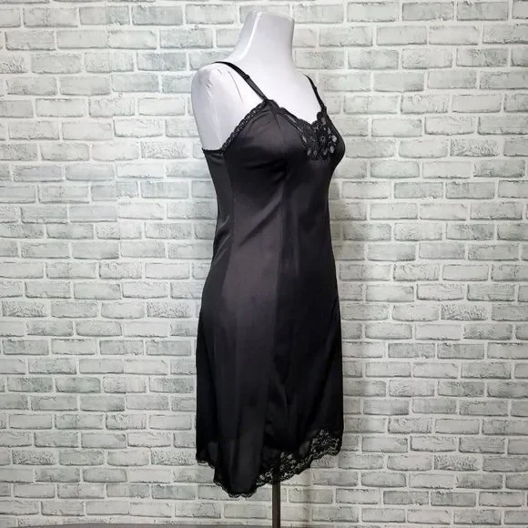 Vintage WONDER MAID 36 Non Cling Nylon‎ Black Full Slip Dress Lace Union Label - Picture 4 of 9